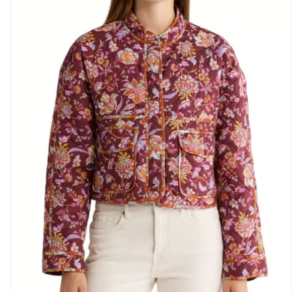 Women's 7 For All Mankind S Burgundy Floral Quilted Puffer Jacket - Picture 2 of 13